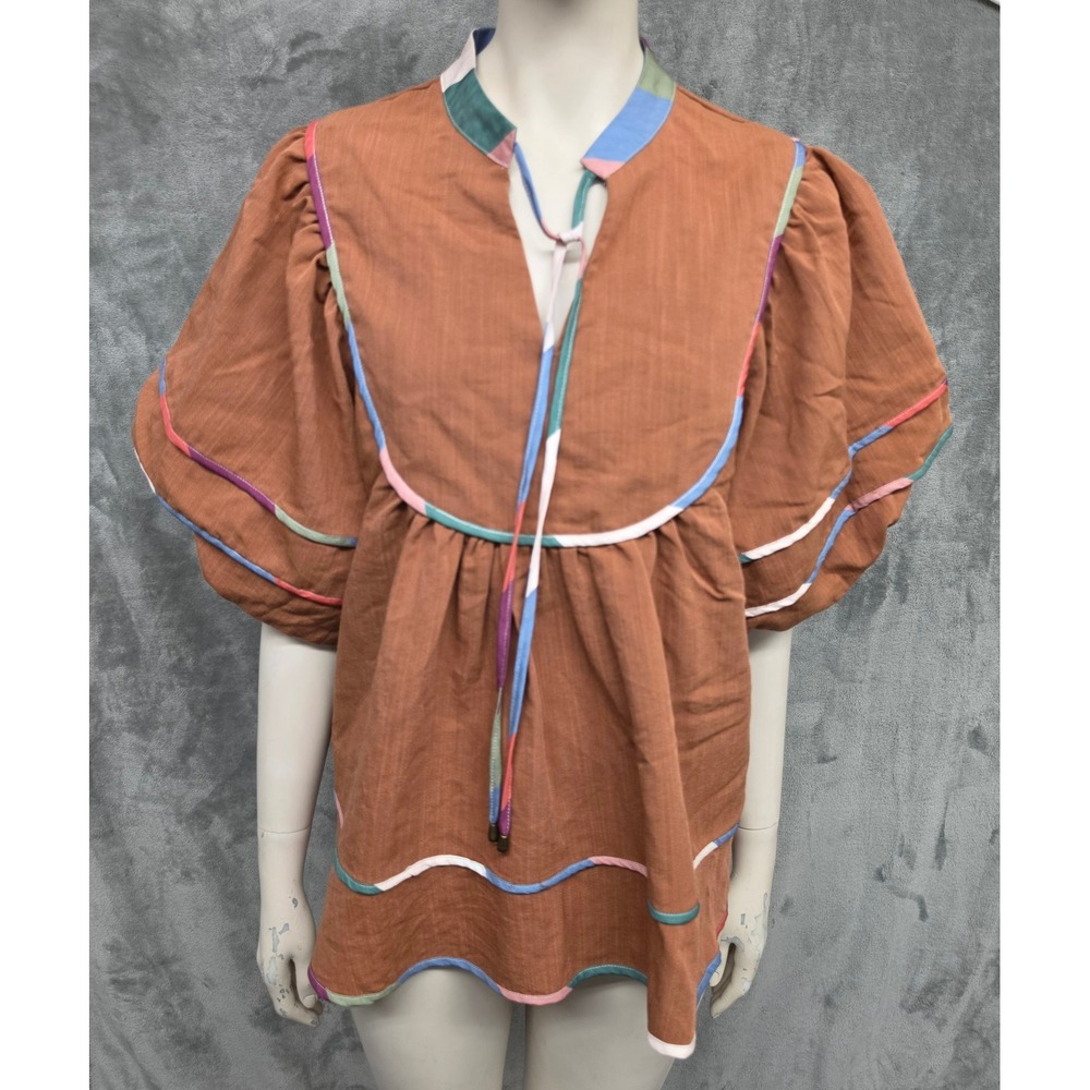Boho Terracotta Brown Puff Sleeve Blouse Multi Color Trim Babydoll Top Cottage